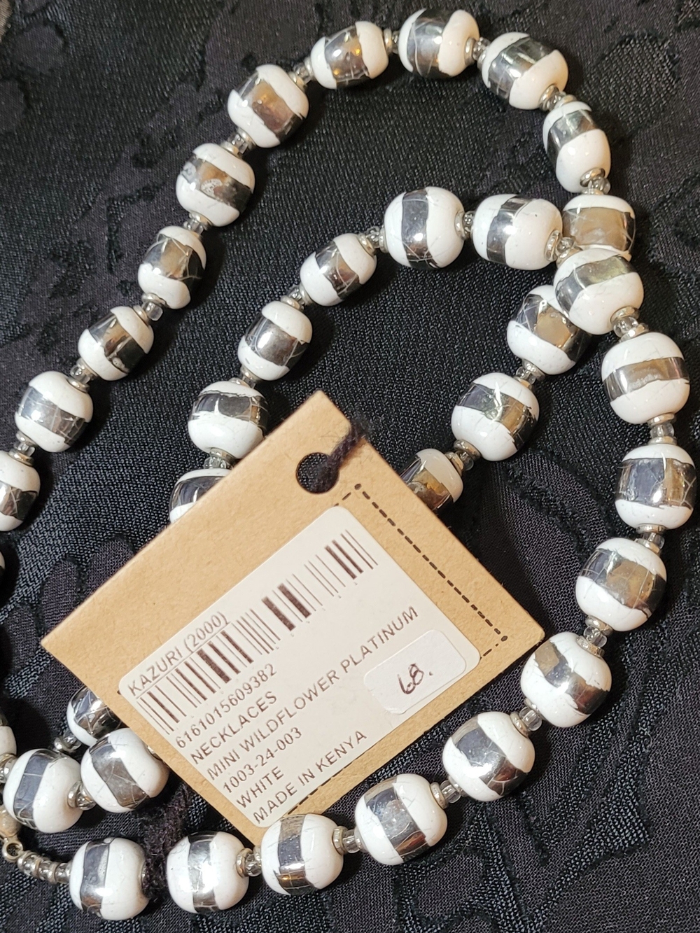 Kazuri Mini Wildflower Platinum white beaded necklace made in Kenya. 24" NWT